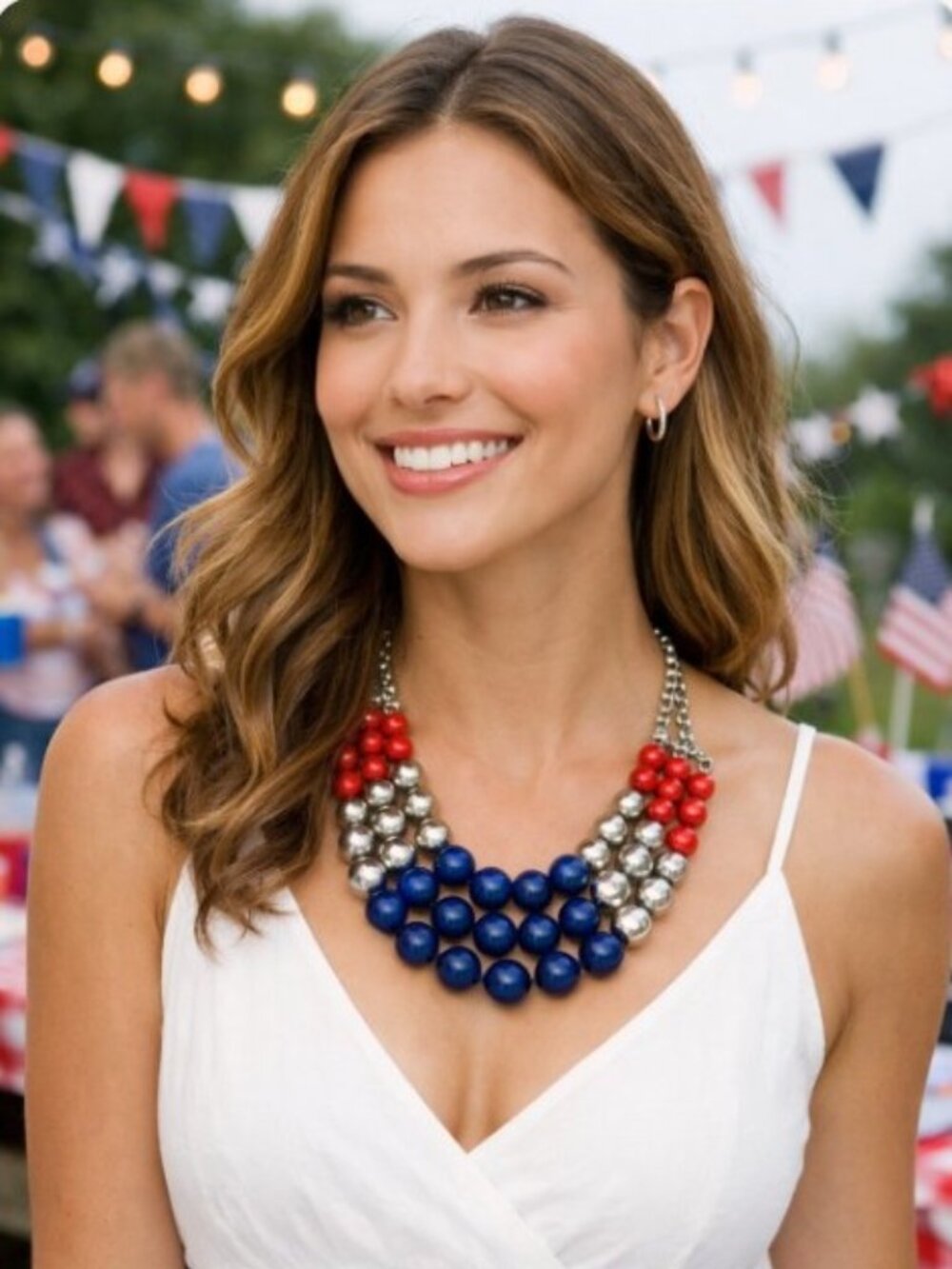 Triple‑Strand Red, Silver & Navy Patriotic Beaded Statement Necklace - Picture 3 of 12